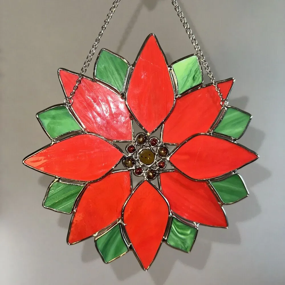 Stained‎ Glass Pointsettia Christmas Flower Wreath Door Window Decor Sun Catcher
